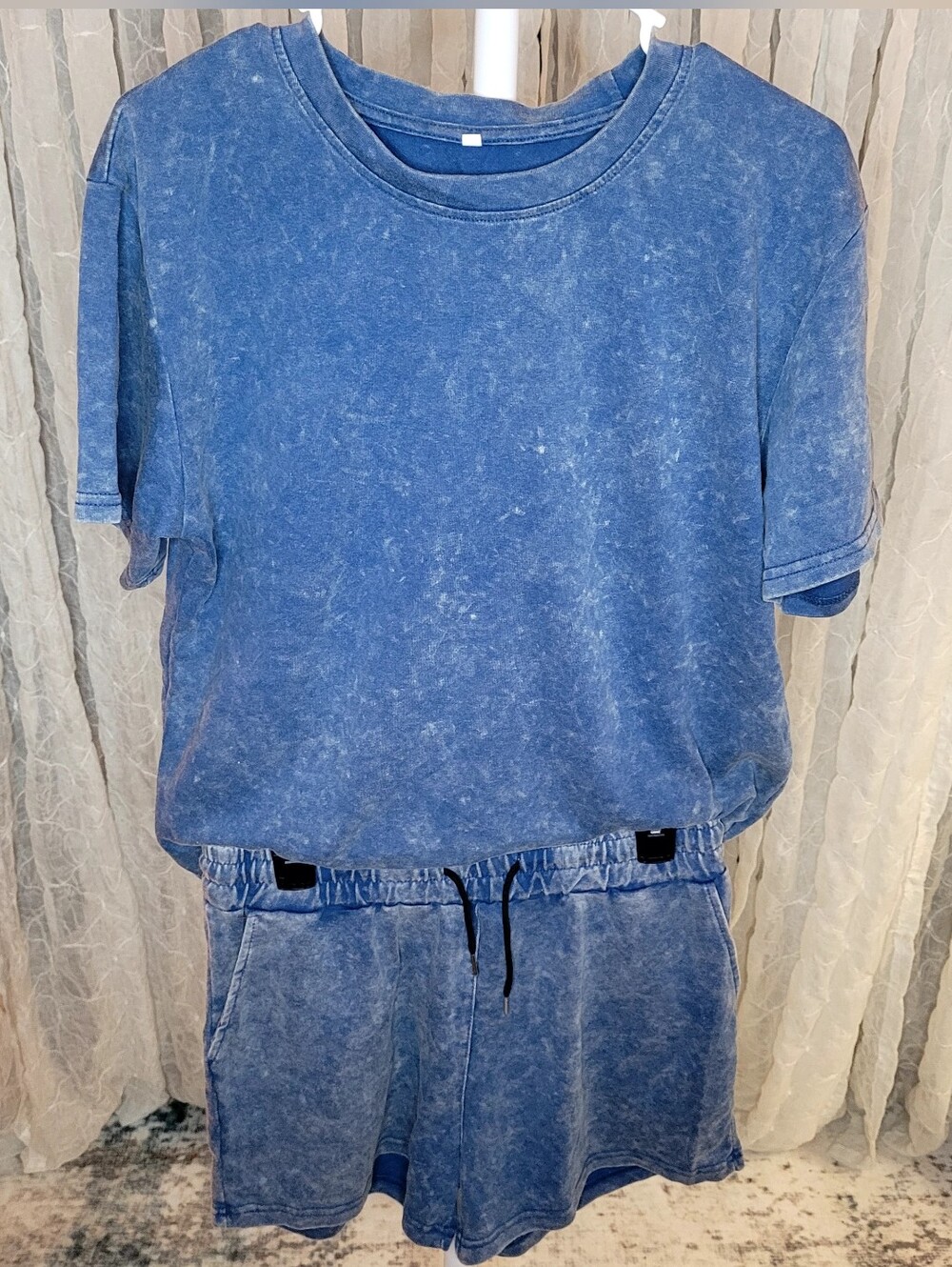 2-Piece Blue Mineral Acid Wash Matching Tee & High Rise Shorts Lounge Set XL - Picture 3 of 8